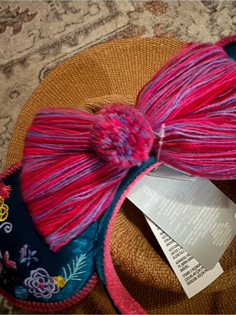 Disney Encanto Pink and Teal Embroidered Minnie Ear Headband with Striped Bow